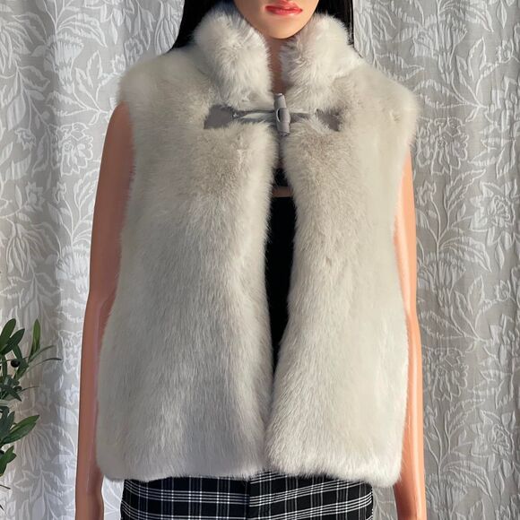 Vintage 90s White Faux Fur Vest Satin Lined Winter Glam Gilet Toggle Closure L - Picture 2 of 8